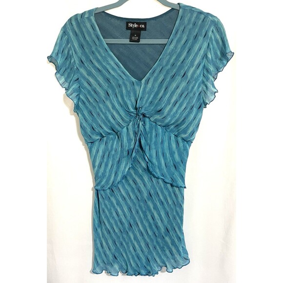 Style & Co Tops - Style & Co Shirt Turquoise Pullover Cap Sleeve Layered Ruffle Vneck Women’s 14